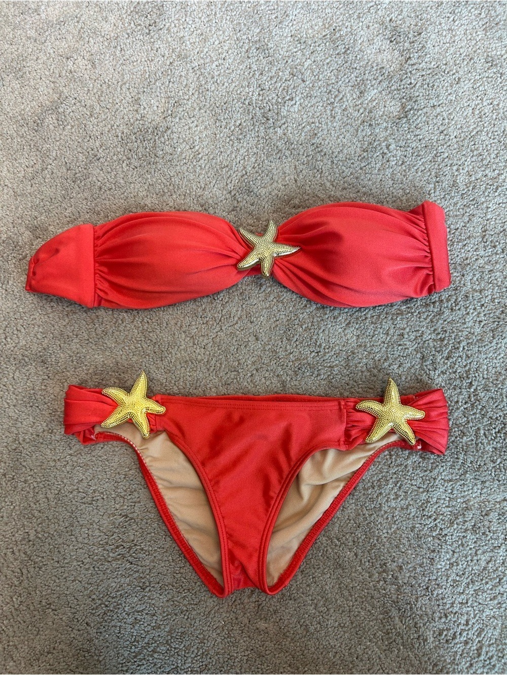 Luli Fama Coral Red Bandeau Bikini Gold Starfish 2-Piece Swimsuit XS NWOT - Picture 4 of 11